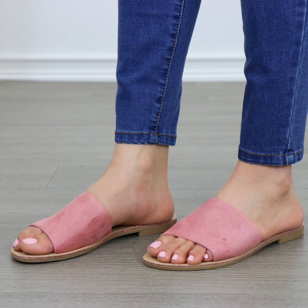 Suede Slip on Slider Pink Flat Sandals - Picture 2 of 8